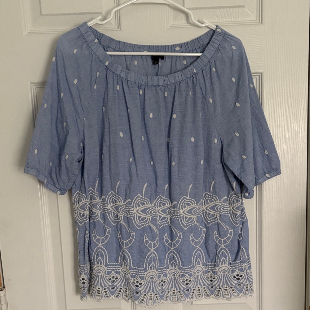 Talbots Light Blue Blouse with White Embroidery